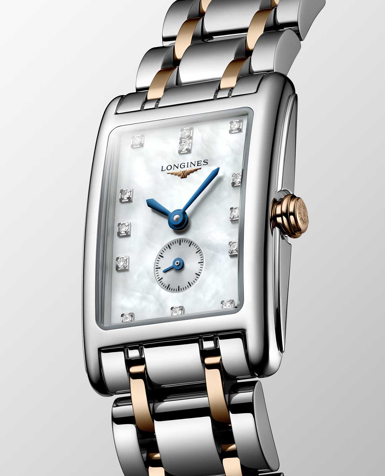 Longines Longines DolceVita L5.255.5.87.7, dolcevita швейцария женские часы на браслете нержавеющая сталь и 18 каратное розовое золото боковой вид